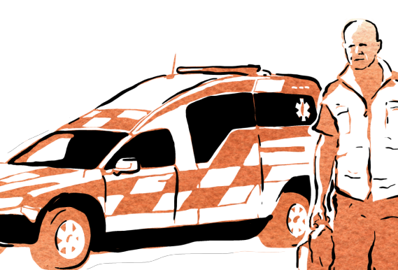 Illustration på personal och en ambulans.