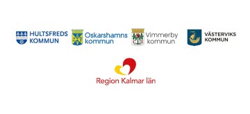 Logotyper för Region Kalmar län, plus kommunerna Hultsfred, Oskarshamn, Vimmerby och Västervik.
